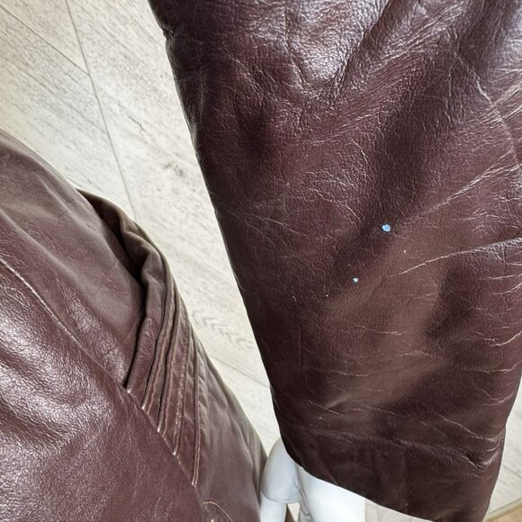 Vintage 70s Leather Trench Coat Womens Small Brown Belted Fur Trim Collar Boho - Picture 7 of 13